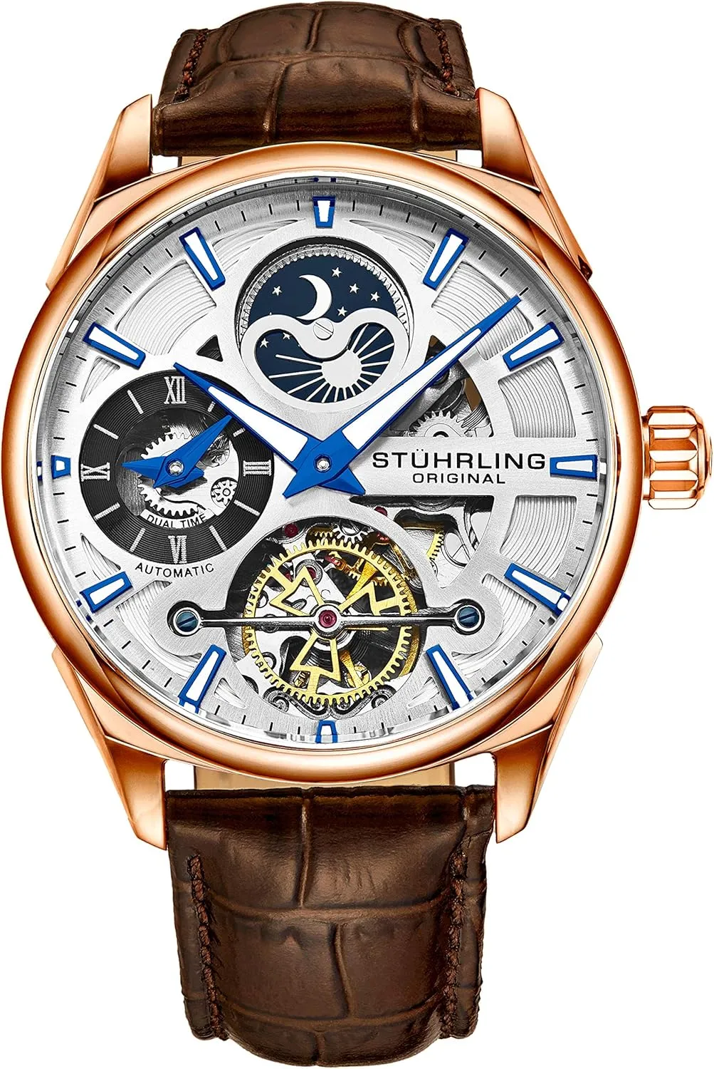 Band (Rose Gold-A) Stuhrling Original Skeleton Dress Analog Watch for Men, Automatic Mechanical recount archipelago outwash photographer waterfall Wristwatch, Gold Plated/Stainless Steel, Genuine Calfskin Leather 