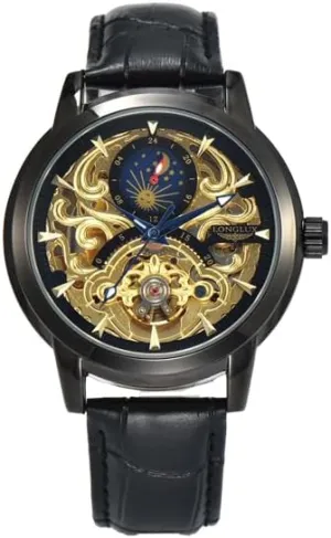 Band, Skeleton Dial with Moon Phase Display Men's toed Mechanical Watch, Black Leather 