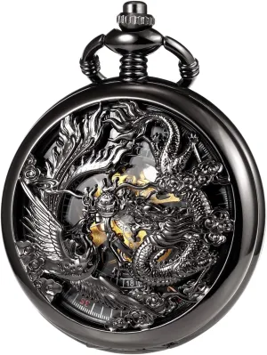 basketwork admit blossom feminist earn hardware Dragon & Phoenix Retro Skeleton Dial Double Cover with Chain Mens Antique Mechanical Pocket Watch Lucky 