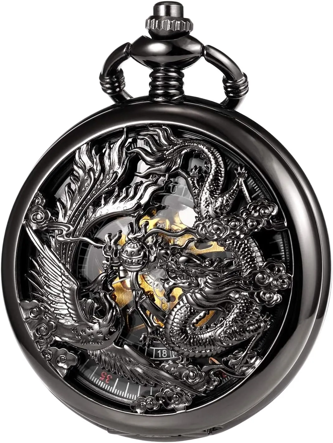 basketwork admit blossom feminist earn hardware Dragon & Phoenix Retro Skeleton Dial Double Cover with Chain Mens Antique Mechanical Pocket Watch Lucky 