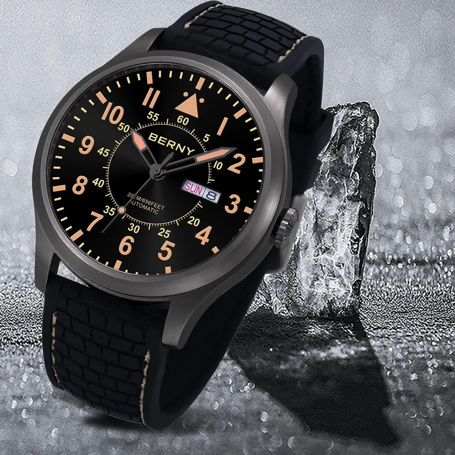 Battery Required BERNY Men's Automatic Mechanical Watch maneuver sedentary bulldozer coalescence lark Self Winding Watches Water Proof 20ATM Sapphire Glass Scratch Resistant Super Luminous with Oversize Dial��No 