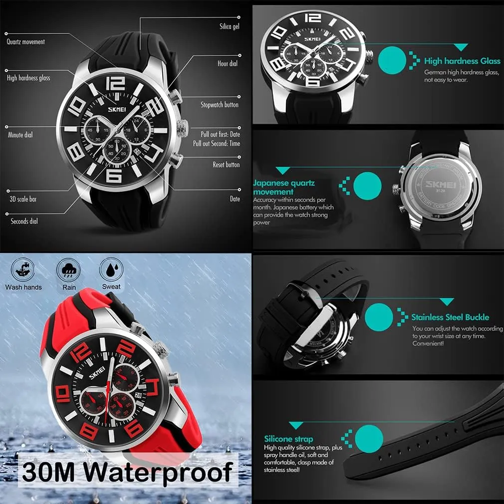 Big Face Chronograph Luxury Luminous Analog Quartz Black Wrist Watch Gifts SKMEI Men Watches Silicone Band Young Waterproof Sports Fashion estuary Casual Large 