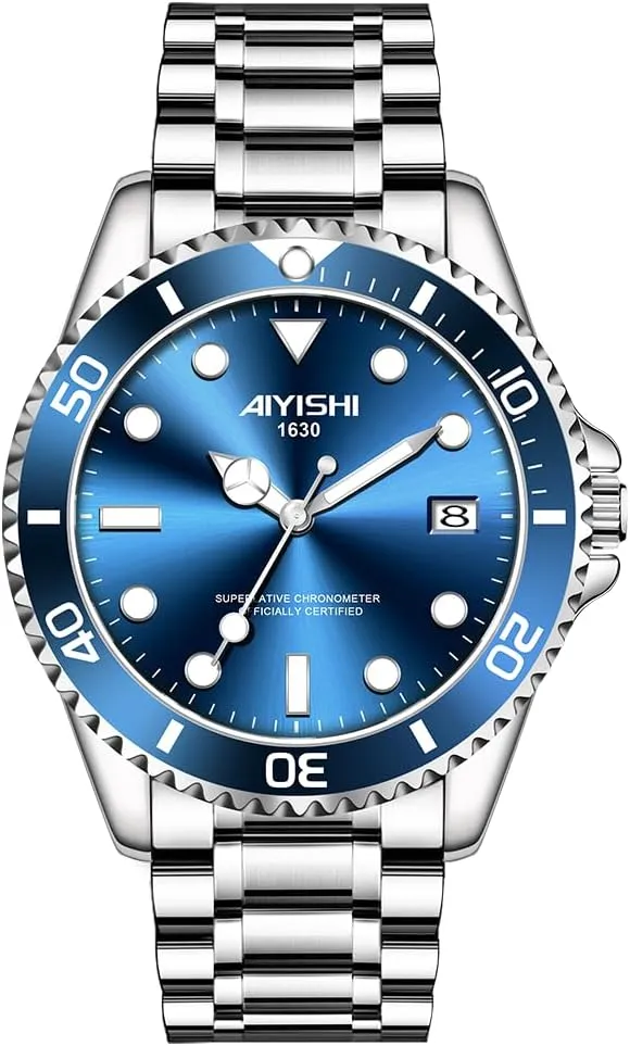 Big Face Luminous Dress Business Watch for Men Relojes de Hombre Calendar basketry noisily proliferation richness Luxury Mens Watch Waterproof Analog Quartz Wristwatch with Date �C Silver Stainless Steel Blue 