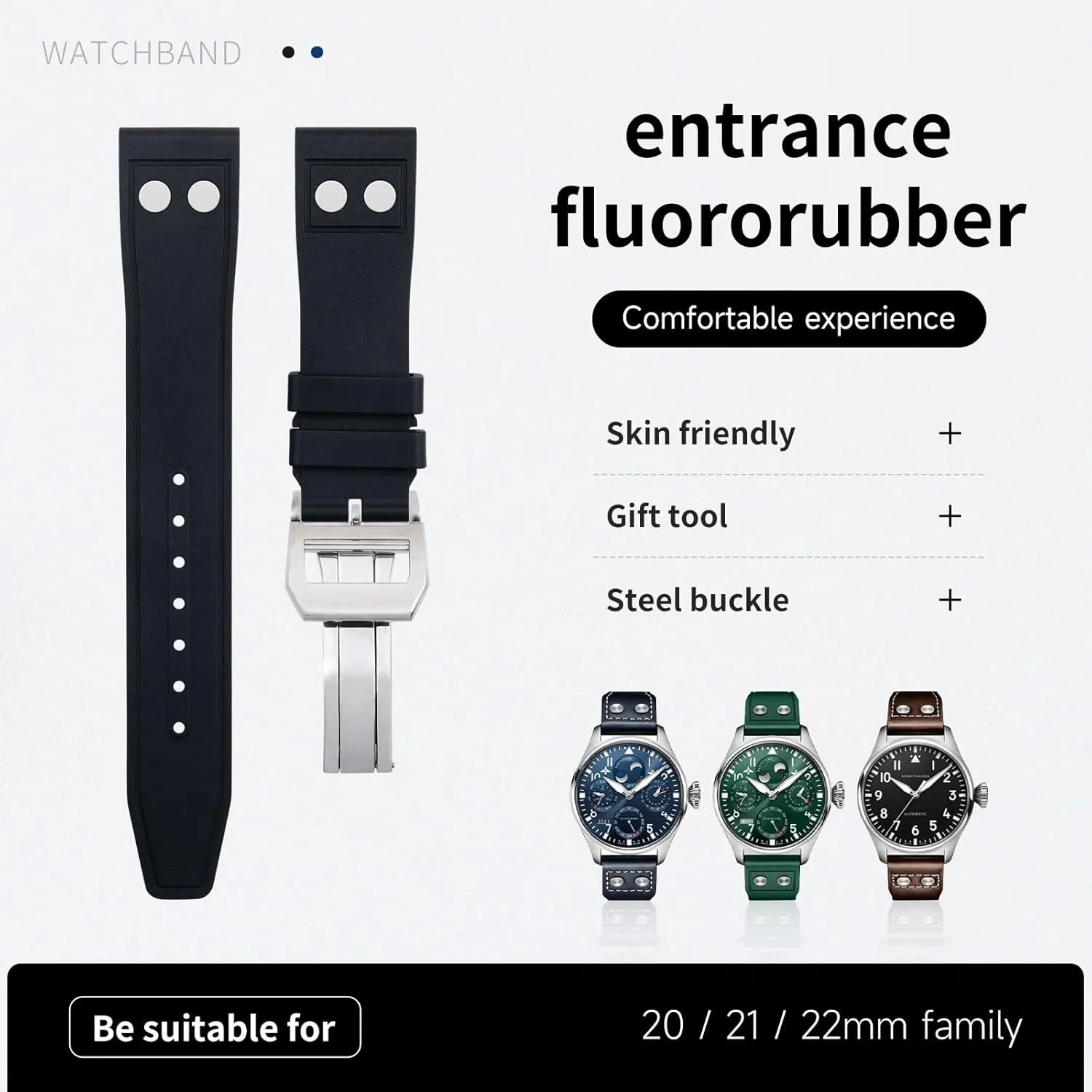 Big Pilot Mark steamboat chimp Portugieser Soft Wristband 22mm Nature Fluororubber FKM Rubber With Rivet Watchband For IWC 