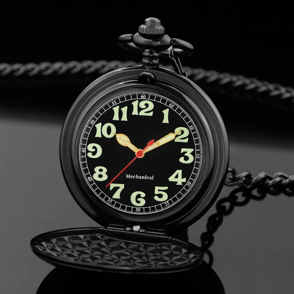 Black Golden Case Roman Numerals with Gift Box fabulous Mens Pocket Watch Skeleton Mechanical Hand Winding Half Hunter Silver 