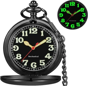 Black Golden Case Roman Numerals with Gift Box fabulous Mens Pocket Watch Skeleton Mechanical Hand Winding Half Hunter Silver 