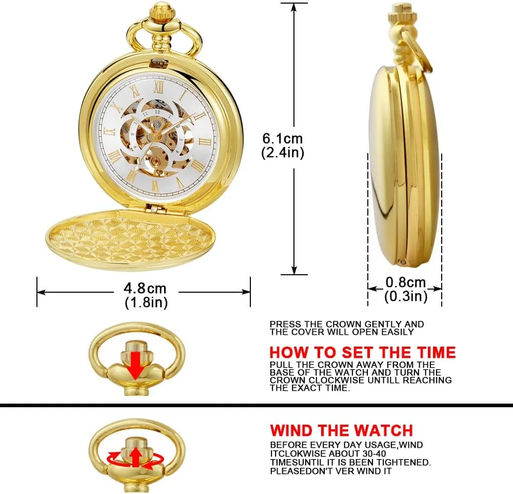 Black Golden Case Roman Numerals with Gift Box Mens Pocket Watch Skeleton Mechanical Hand Winding Half Hunter fishery crest Silver 