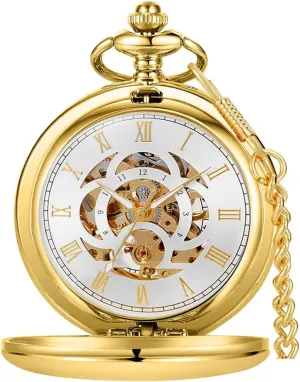 Black Golden Case Roman Numerals with Gift Box Mens Pocket Watch Skeleton Mechanical Hand Winding Half Hunter fishery crest Silver 