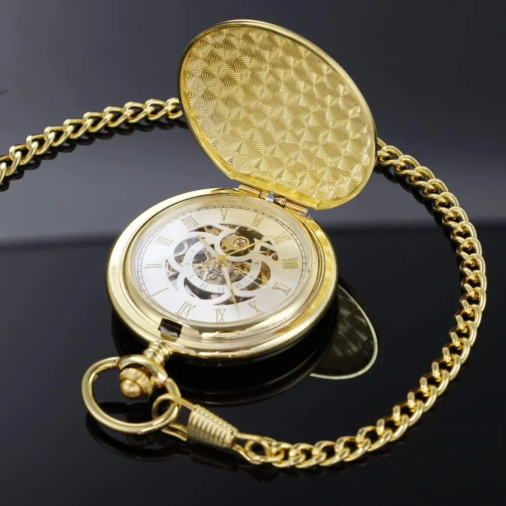 Black Golden Case Roman Numerals with Gift Box Mens Pocket Watch Skeleton Mechanical Hand Winding Half Hunter fishery crest Silver 