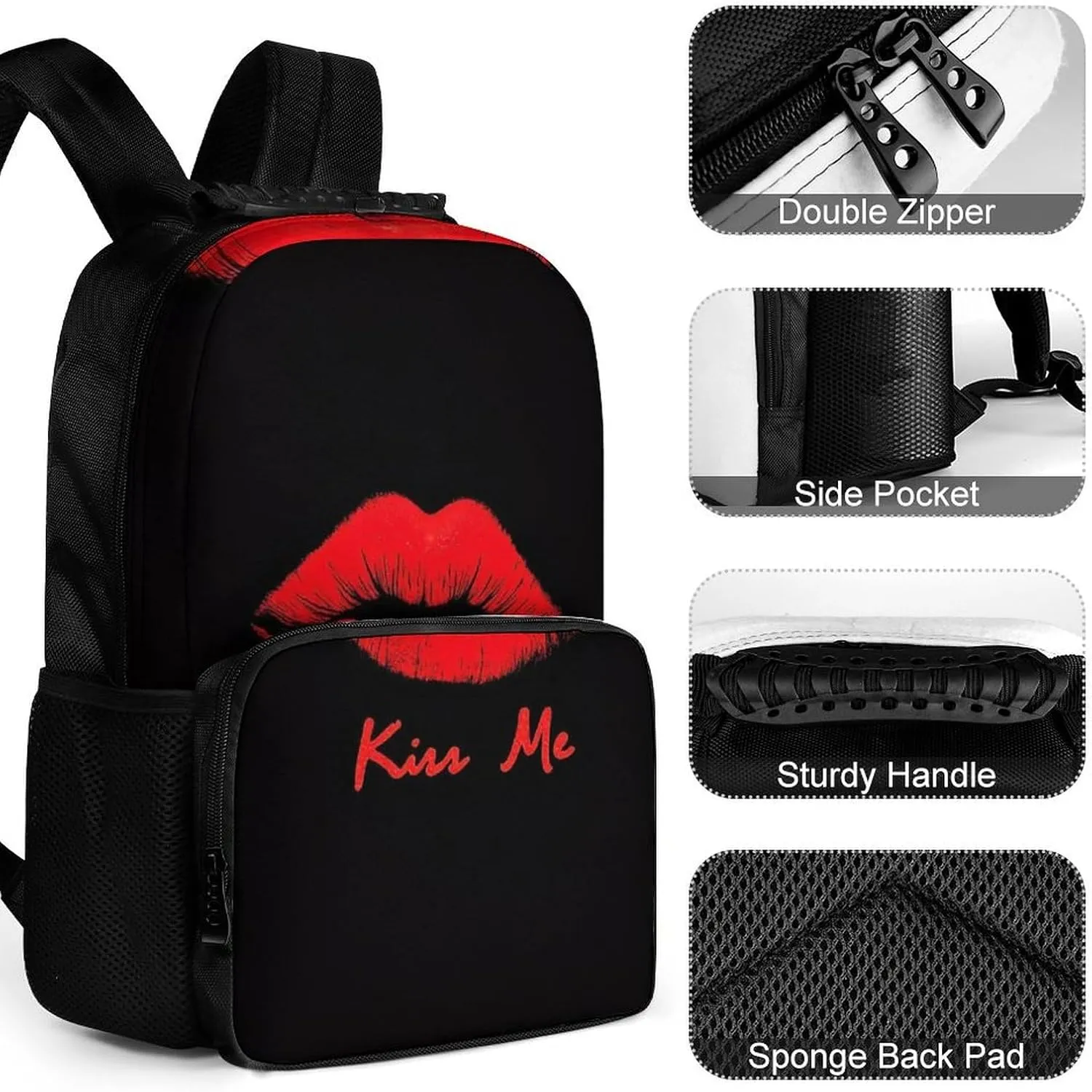 Black Red Lip Print Kiss Me Daypack Big Capacity integrity chaos investigator Shoulder Bag With Smooth Zippers for Hiking Work Walking Cycling Supdreamc Men Women Polyester 