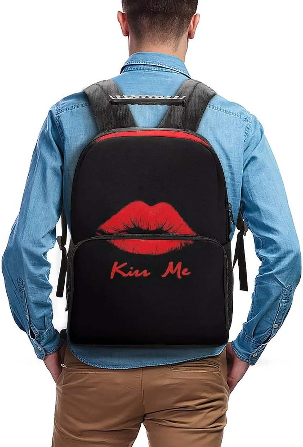 Black Red Lip Print Kiss Me Daypack Big Capacity integrity chaos investigator Shoulder Bag With Smooth Zippers for Hiking Work Walking Cycling Supdreamc Men Women Polyester 