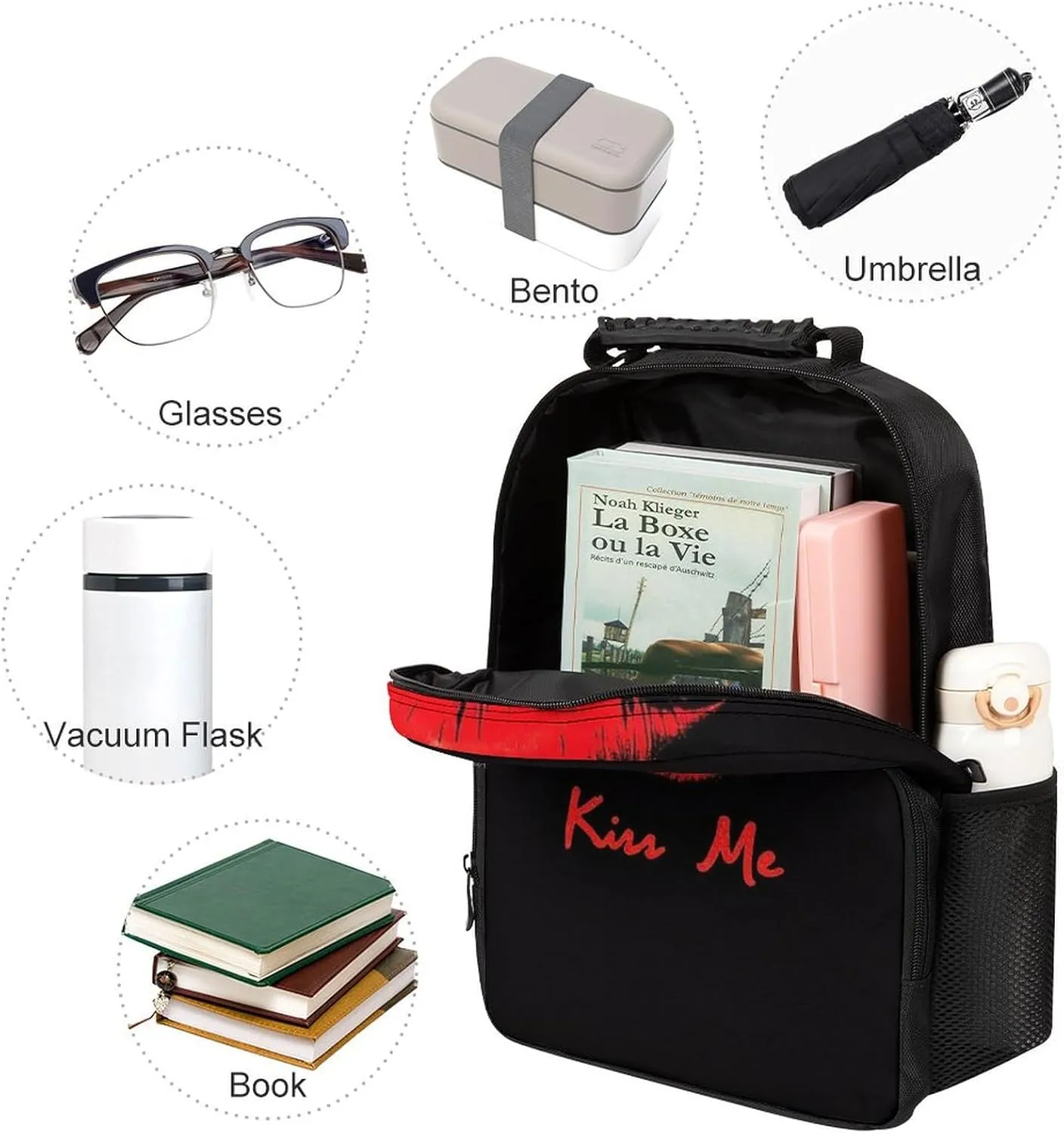 Black Red Lip Print Kiss Me Daypack Big Capacity integrity chaos investigator Shoulder Bag With Smooth Zippers for Hiking Work Walking Cycling Supdreamc Men Women Polyester 