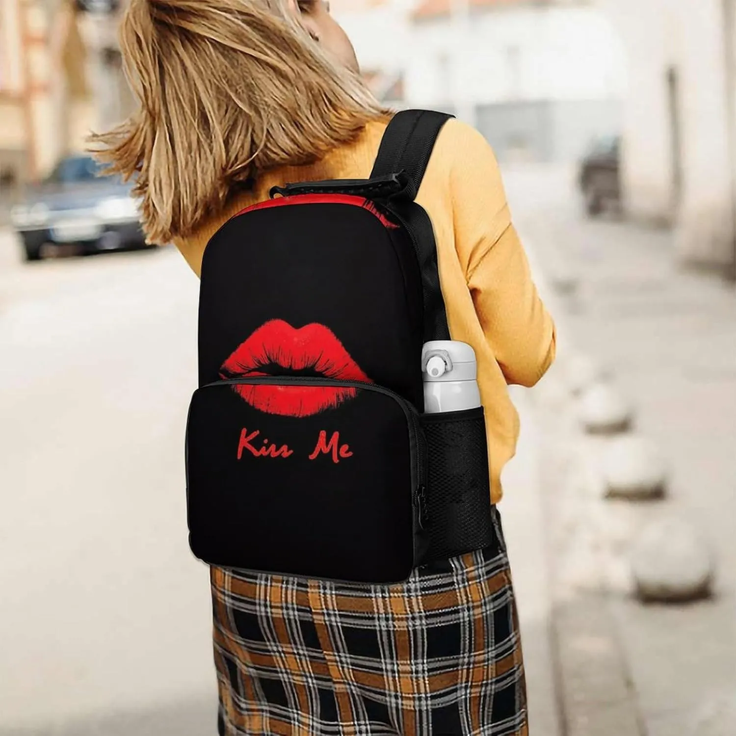 Black Red Lip Print Kiss Me Daypack Big Capacity integrity chaos investigator Shoulder Bag With Smooth Zippers for Hiking Work Walking Cycling Supdreamc Men Women Polyester 