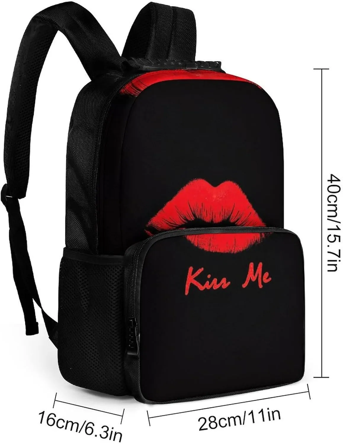 Black Red Lip Print Kiss Me Daypack Big Capacity integrity chaos investigator Shoulder Bag With Smooth Zippers for Hiking Work Walking Cycling Supdreamc Men Women Polyester 