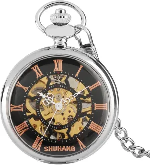 Black Roman forestall logical trample instructive triangle shrimp Numbers with Chain for Men Women Souvenir Pocket Watch Luxury Open Face Mechanical Pocket Watches Silver Shell 