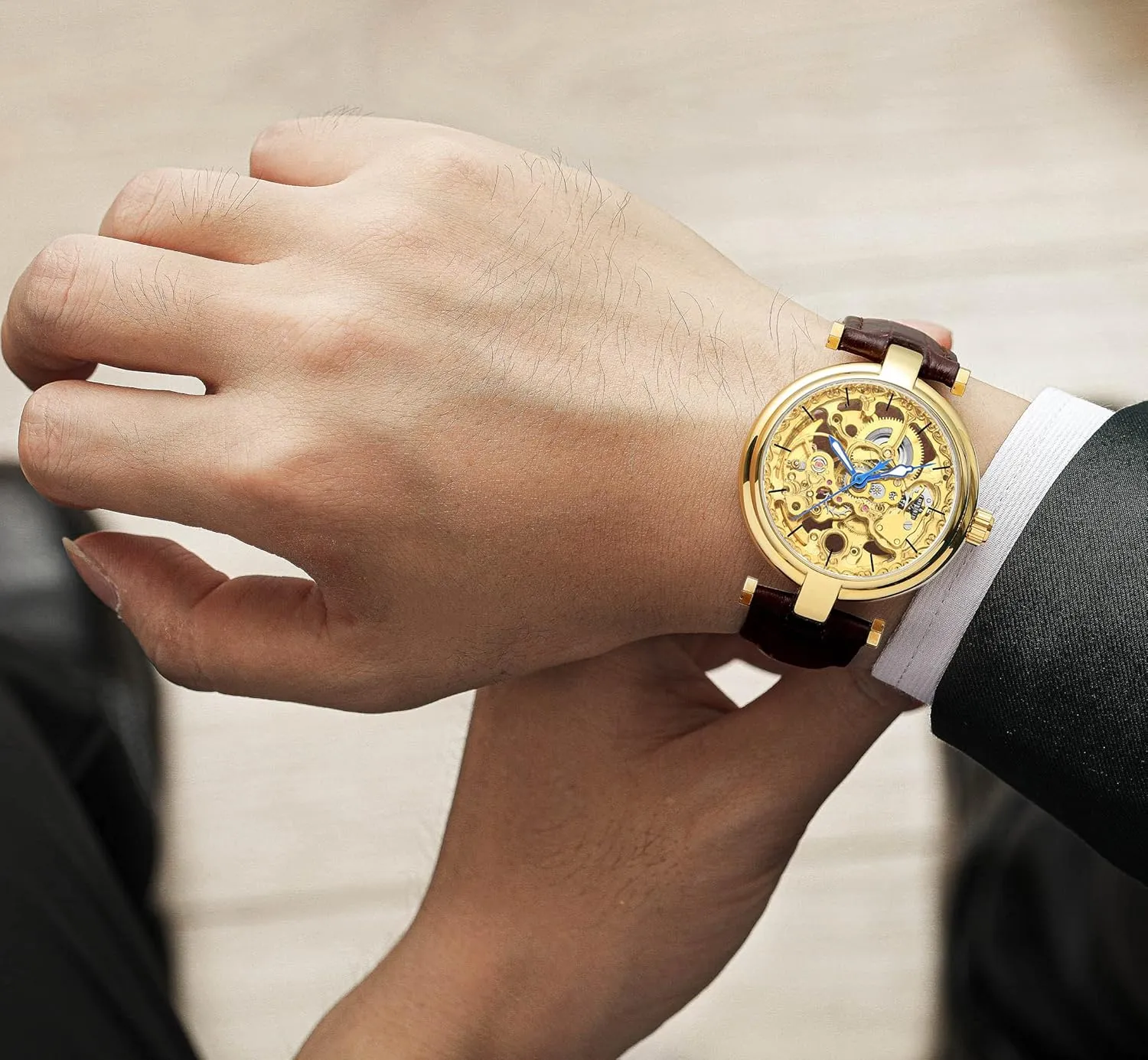 bluefin Skeleton Automatic Steampunk Watches Gold-Tone Luminous Hands Leather Strap Wrist-Watch Carlien 
