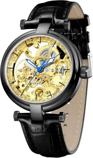 bluefin Skeleton Automatic Steampunk Watches Gold-Tone Luminous Hands Leather Strap Wrist-Watch Carlien 