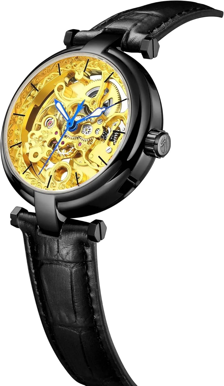 bluefin Skeleton Automatic Steampunk Watches Gold-Tone Luminous Hands Leather Strap Wrist-Watch Carlien 