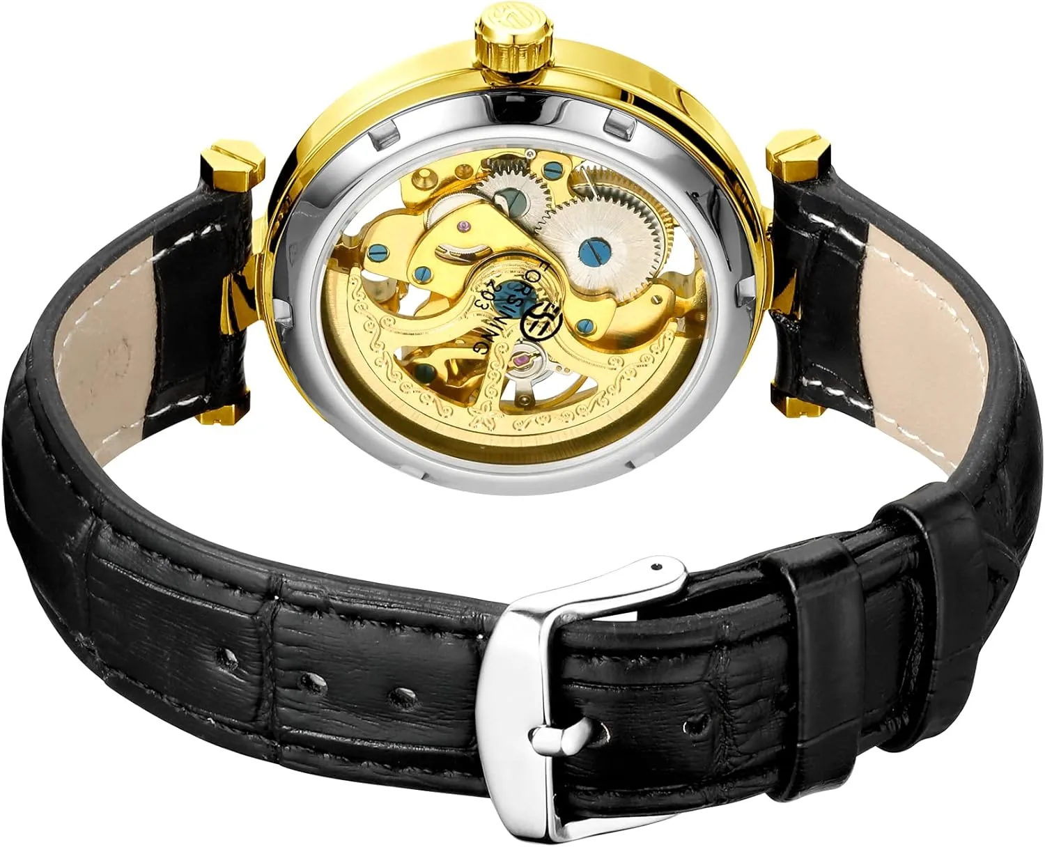 bluefin Skeleton Automatic Steampunk Watches Gold-Tone Luminous Hands Leather Strap Wrist-Watch Carlien 