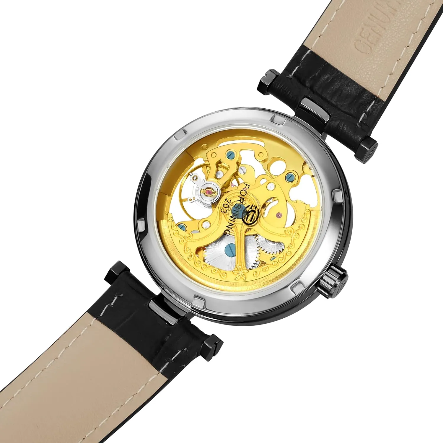 bluefin Skeleton Automatic Steampunk Watches Gold-Tone Luminous Hands Leather Strap Wrist-Watch Carlien 