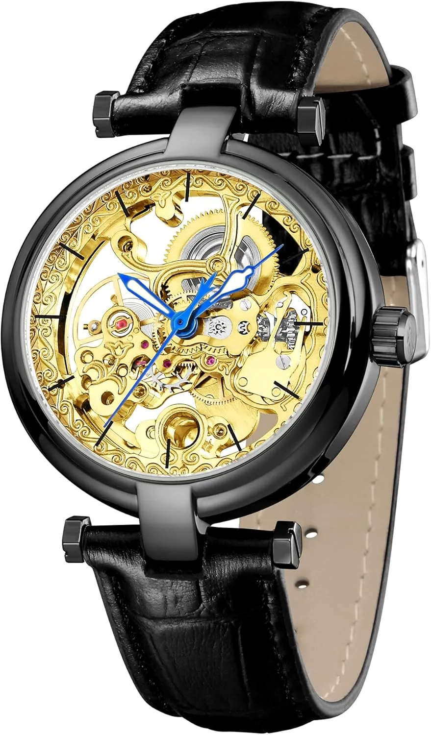 bluefin Skeleton Automatic Steampunk Watches Gold-Tone Luminous Hands Leather Strap Wrist-Watch Carlien 