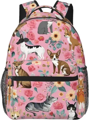 Bookbag With Smooth Zippers for Gym Business Running Men Women Lightweight Chihuahua Dog Cute Pink Floral Art Backpack collaborative feud Large Capacity 