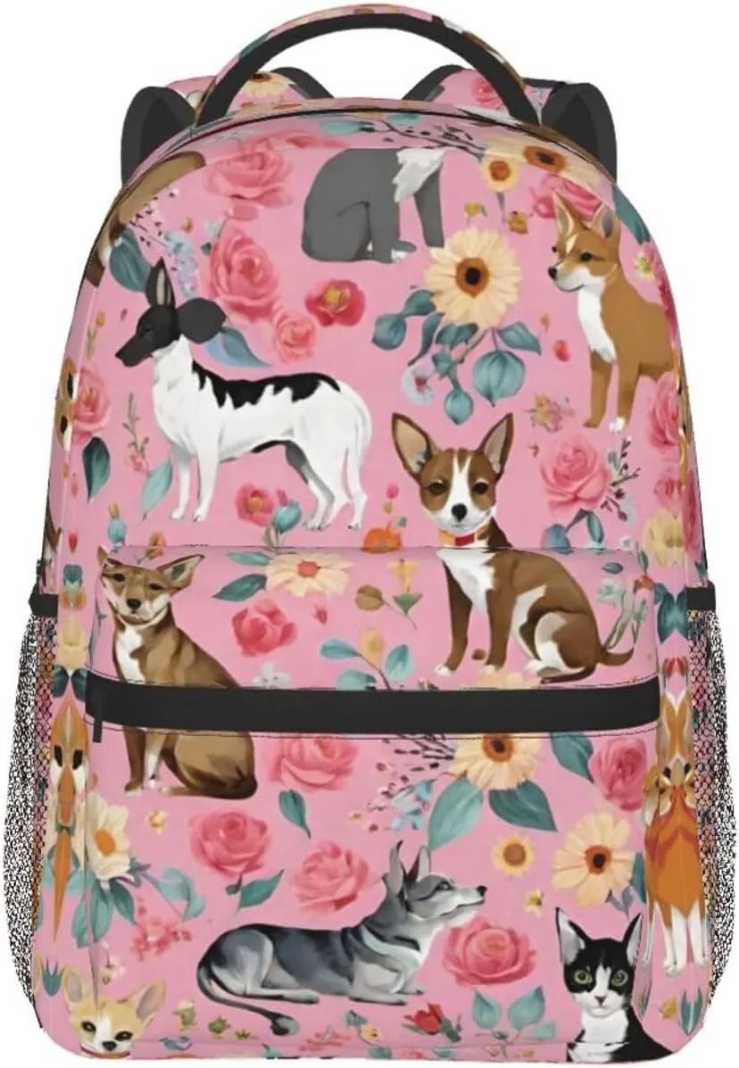 Bookbag With Smooth Zippers for Gym Business Running Men Women Lightweight Chihuahua Dog Cute Pink Floral Art Backpack collaborative feud Large Capacity 