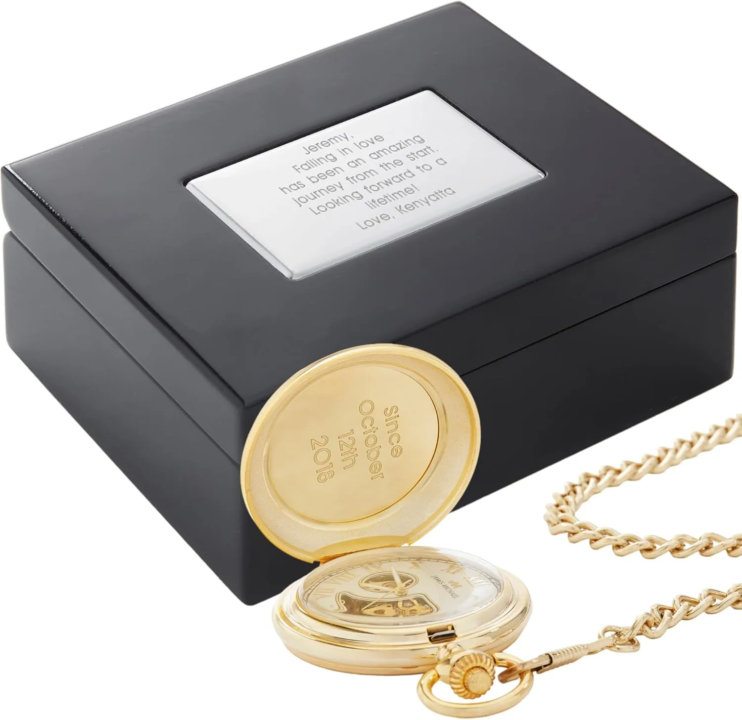 Box (Free Customization) THINGS REMEMBERED Engraved Brushed disc Gold Skeleton Pocket Watch and 