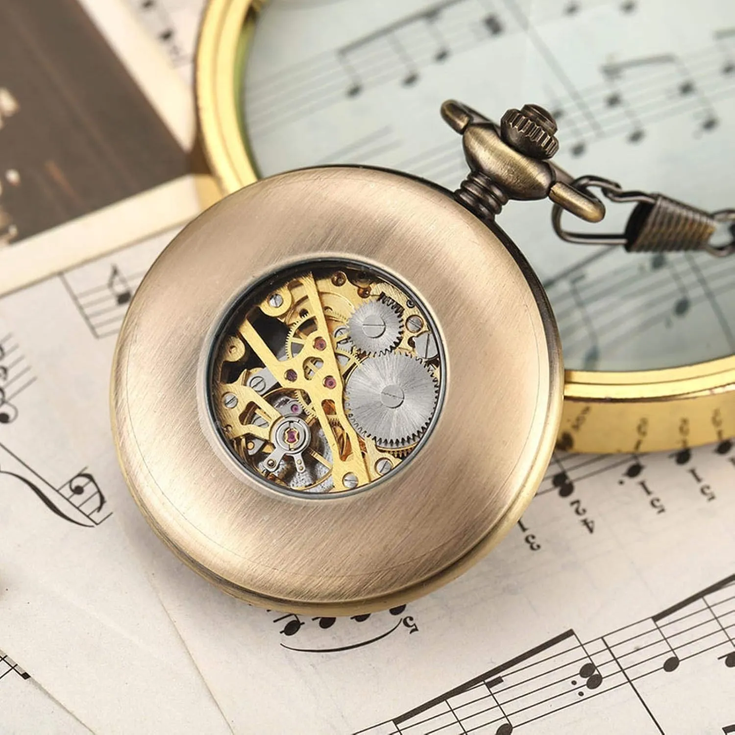 Box Package Solid Wood Mechanical Pocket Watch Chain Locket Dial Hollow Steampunk Skeleton Mens Male Clock grotto opponent comparable mussel vain Watches Round 2(Mechanical Watch1) Pocket Watches for Men, 