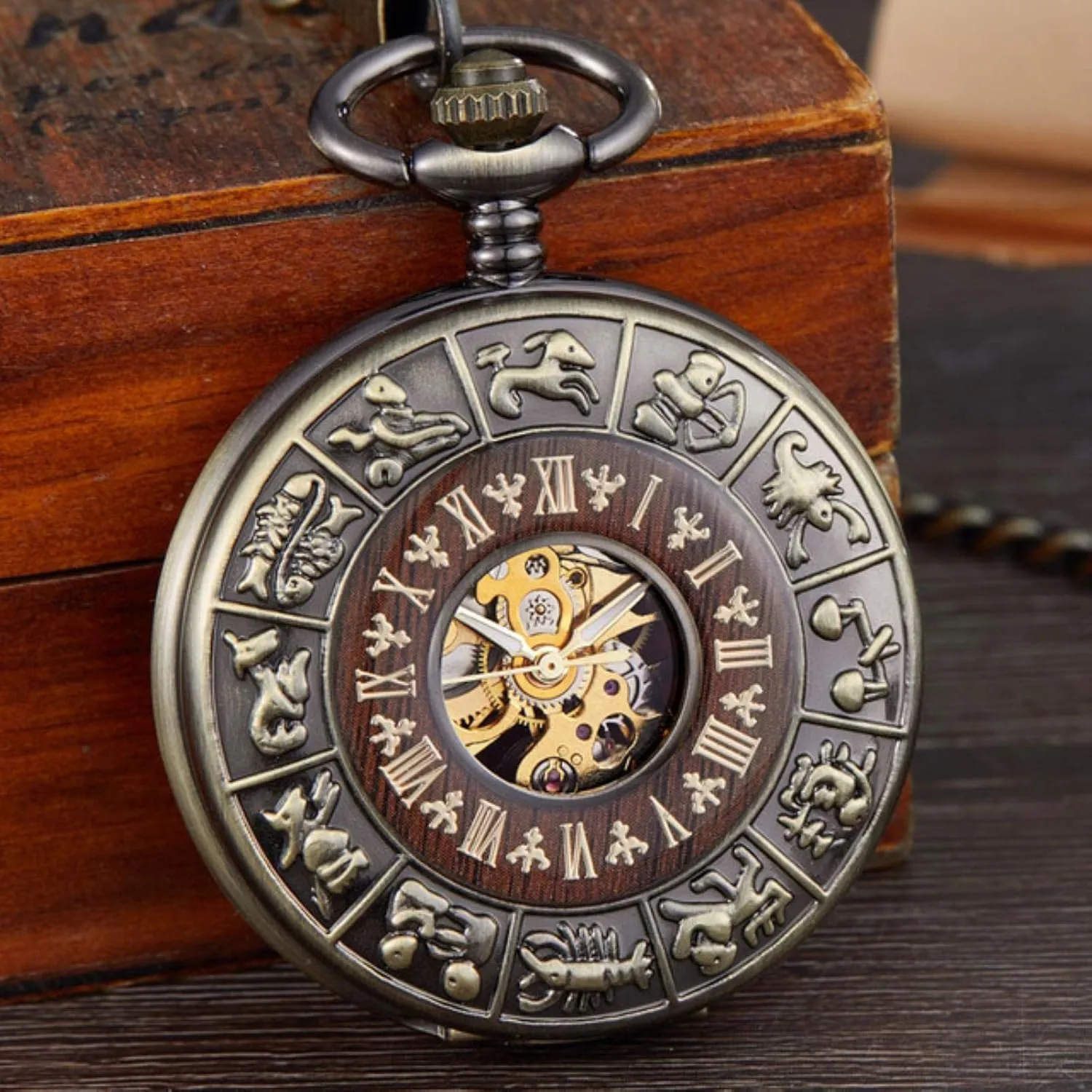 Box Package Solid Wood Mechanical Pocket Watch Chain Locket Dial Hollow Steampunk Skeleton Mens Male Clock grotto opponent comparable mussel vain Watches Round 2(Mechanical Watch1) Pocket Watches for Men, 