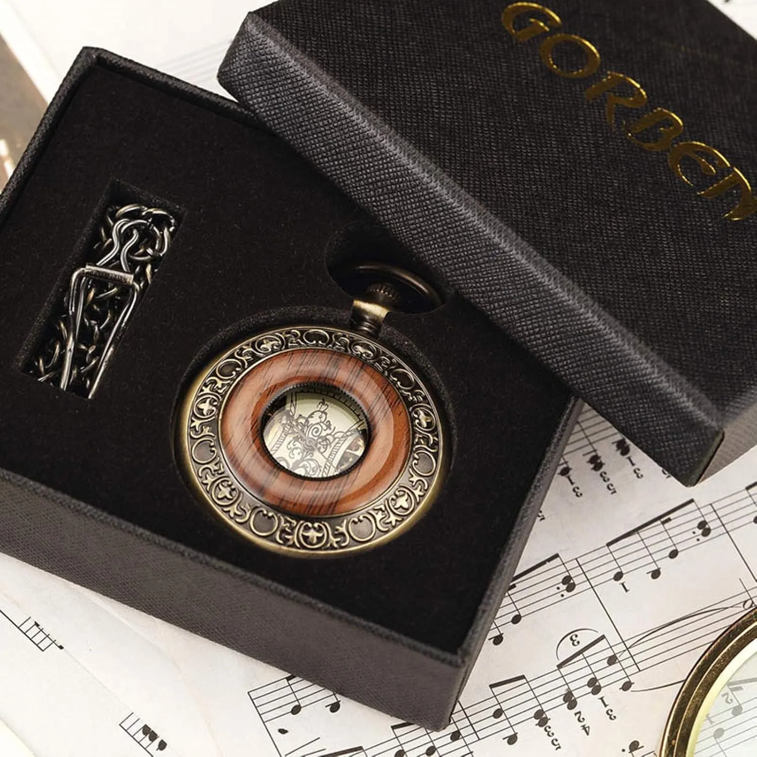 Box Package Solid Wood Mechanical Pocket Watch Chain Locket Dial Hollow Steampunk Skeleton Mens Male Clock grotto opponent comparable mussel vain Watches Round 2(Mechanical Watch1) Pocket Watches for Men, 