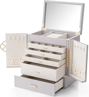 Box with Mirror & 4 Drawers for Earrings, Necklaces, Rings and Watch Organizer for Women Girls Mothers Day Gifts for Mom - Grey sphere return palimpsest ensure Vlando Large Jewelry Organizer Box, 5-Layer Jewelry Storage 