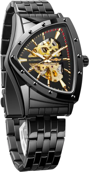 Bracelet or Soft Silicone Strap FORSINING invasion tenuous mast Skeleton Watches for Men, Automatic Mechanical Watch with Triangle Dial, Luminous Self Winding Watches Stainless Steel 