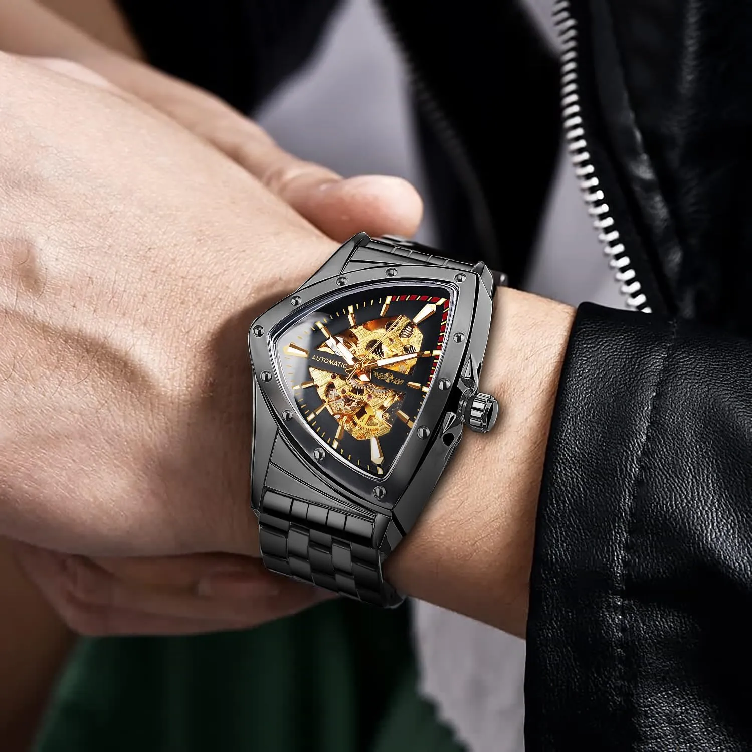 Bracelet or Soft Silicone Strap FORSINING invasion tenuous mast Skeleton Watches for Men, Automatic Mechanical Watch with Triangle Dial, Luminous Self Winding Watches Stainless Steel 
