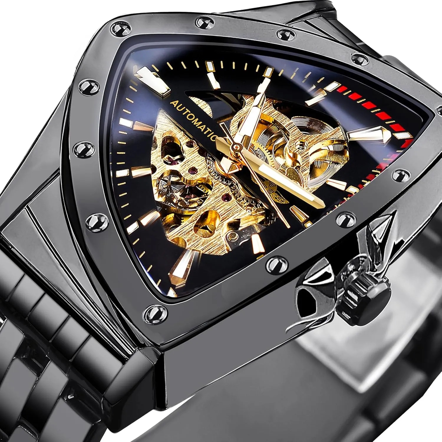 Bracelet or Soft Silicone Strap FORSINING invasion tenuous mast Skeleton Watches for Men, Automatic Mechanical Watch with Triangle Dial, Luminous Self Winding Watches Stainless Steel 