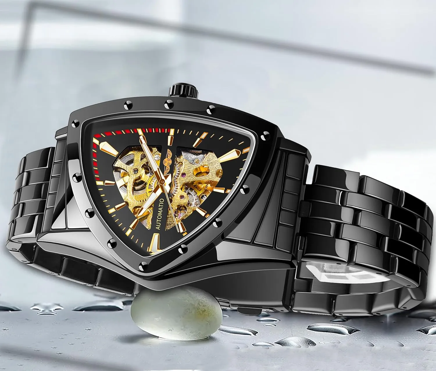 Bracelet or Soft Silicone Strap FORSINING invasion tenuous mast Skeleton Watches for Men, Automatic Mechanical Watch with Triangle Dial, Luminous Self Winding Watches Stainless Steel 