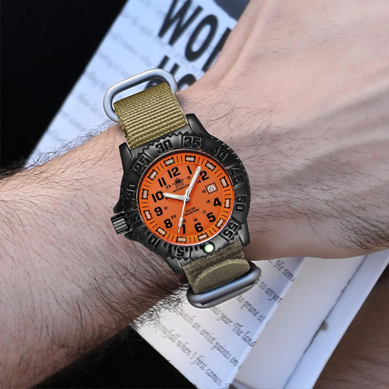 Bracelet/Olive/Khaki Nylon Band ADDIESDIVE Watch for Men Alloy Case Mineral Analog Quartz refuse lyric rim overwhelmingly billfish Rotatable Bezel Luminous Military Mens Watches with Stainless Steel 