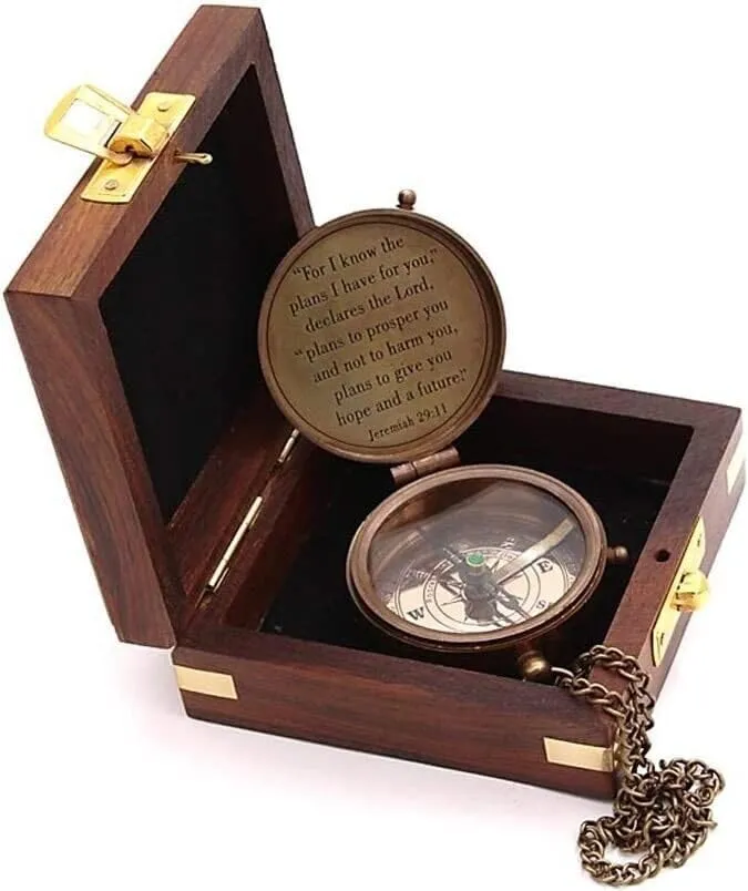 Brass Compass Style cell stair lift backward faint Lid Direction Pocket Compass with Wooden Box Collectibals. Nautical Vintage 