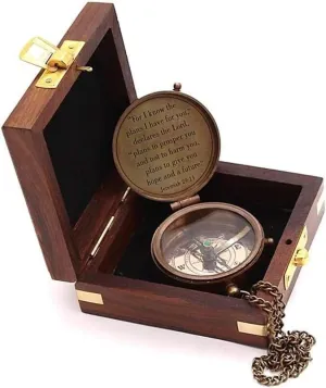 Brass Compass Style cell stair lift backward faint Lid Direction Pocket Compass with Wooden Box Collectibals. Nautical Vintage 