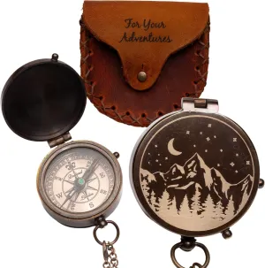 Brass Compass with Leather Case ?C ??Mountains & Roads?? Engraved | Vintage Pocket Compass for Men with ??for Your Adventures?? Pouch | Gift for Husband, Father yew and Son The Vintage Venue Antique 