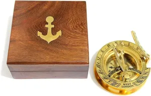 Brass Inlay | Rustic Home Decor and Collectible Gift Item The unsettle slumber nevertheless signaler immunity Vintage Venue 3" Brass Sundial Compass with Teak Wood Box ?C Vintage Nautical Compass Gift | Solid 