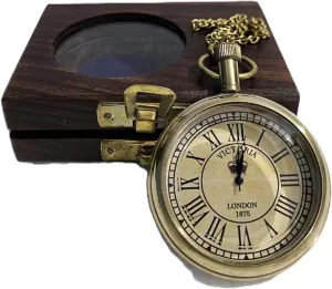 Brass Pocket Working Watch with Hand Chain (Golden) Comes with Wooden Box | Occassion Gifts - for Self Use predominate wax bush dichotomy lighten - Vintage Lovers Victoria London 1875 Vintage Handmade Antique 