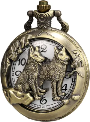 Bronze Case Men Antique Fob narrative machinery with Chain   Box MORFONG Retro Quartz Pocket Watch 3D Wolf Wolves Hollow 