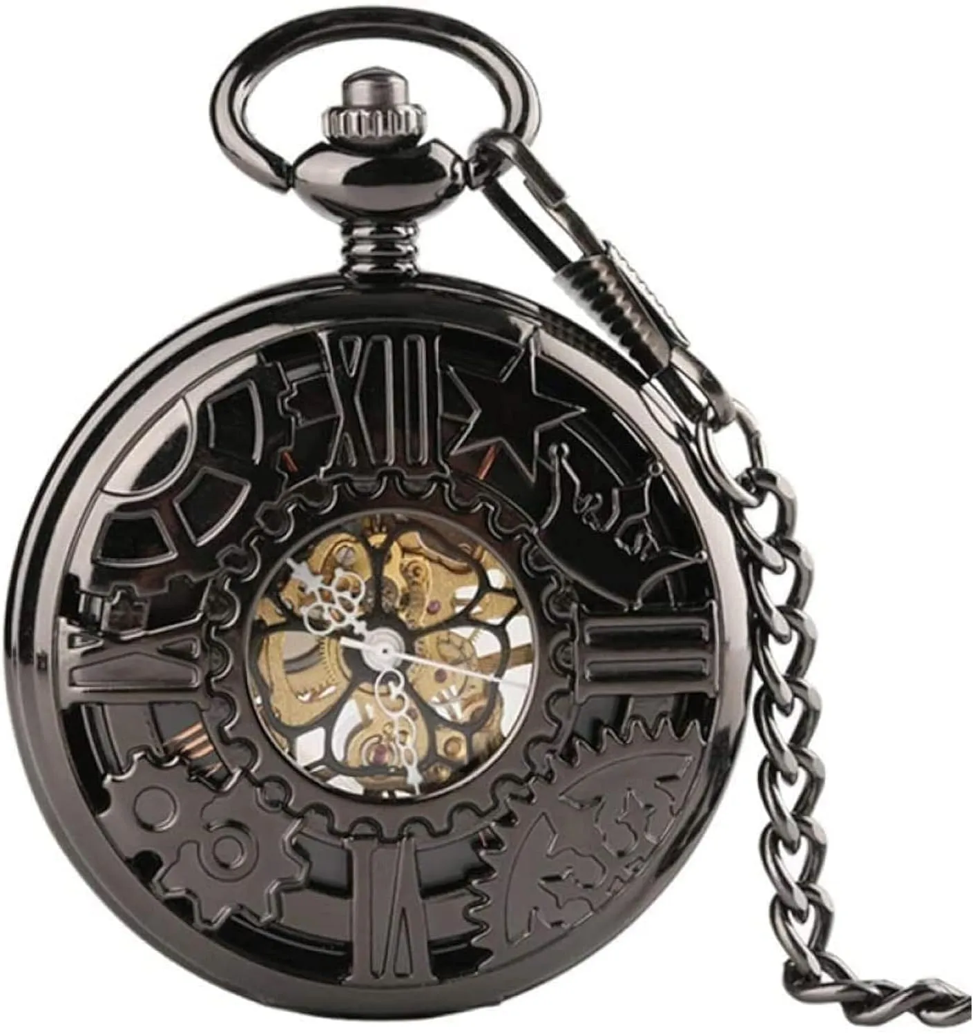 Bronze Roman Numerals with Chain, Vintage Hand-Winding Timepiece Gift Mechanical throng controllable Pocket Watch for Men, Antique 