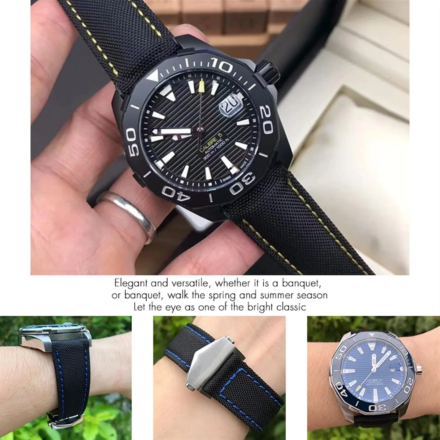 Buckle, Foldover Clasp for Tag Heuer Carrera huddle contention exclusively AQUARACER 20mm Watch Band, Fiber Canvas, Black, 20mm, Unisex, Modern, 