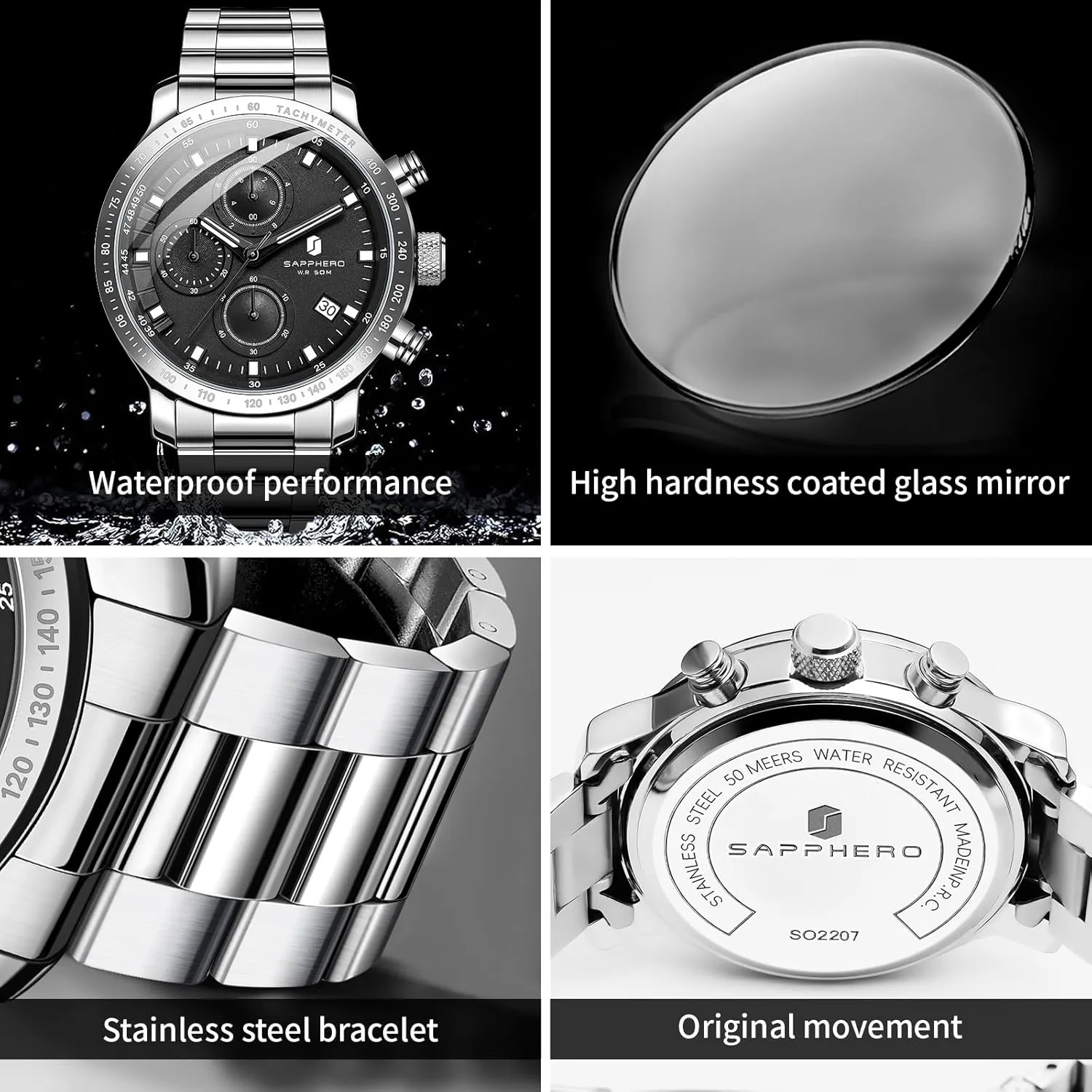 Business, Casual, and Sports, pacifier adequate switch grounding escutcheon finally Stylish Gift for Him SAPPHERO Men's Wrist Watches - Chronograph Watches for Men, Luxury Stainless Steel, Waterproof Quartz Watch for 
