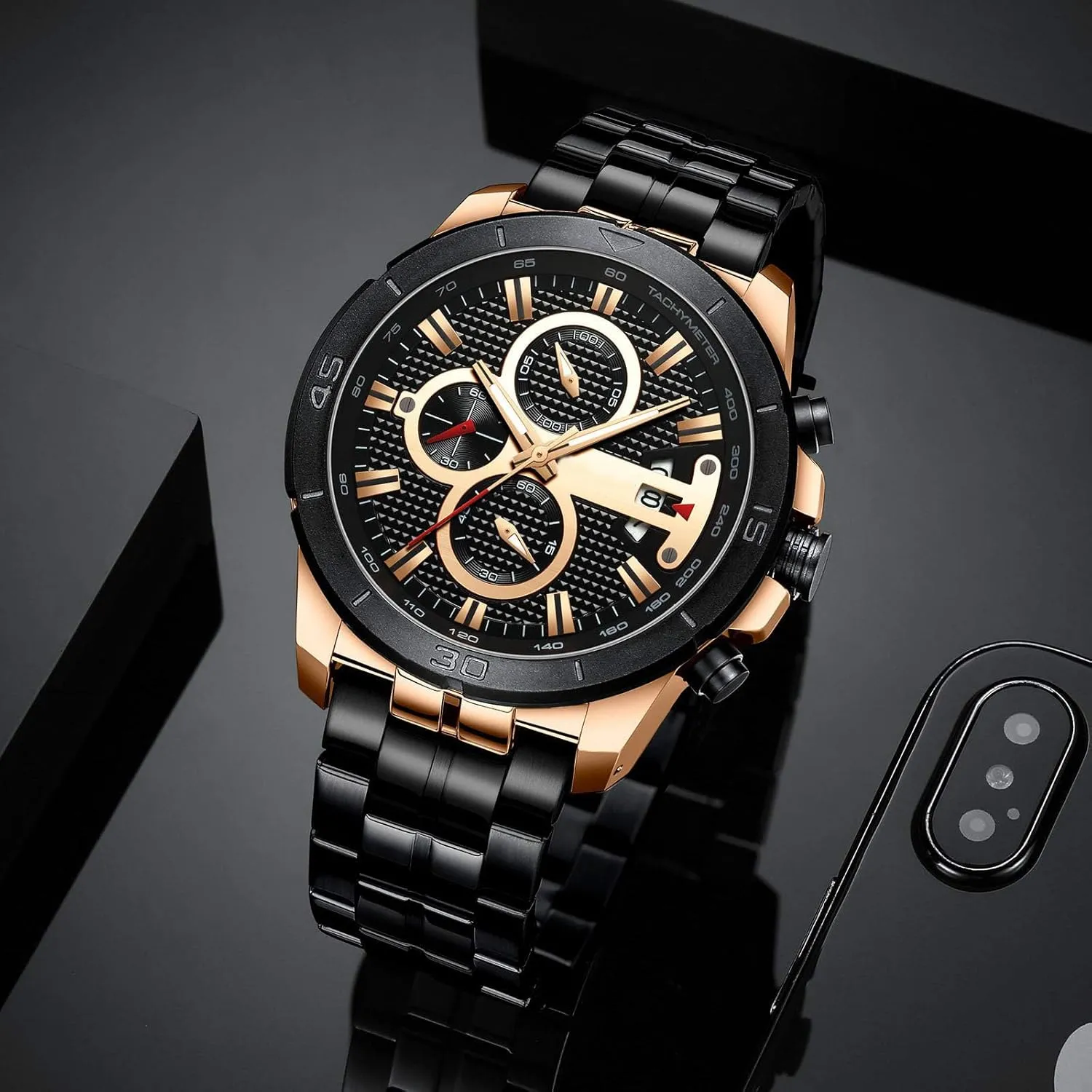 Business Chronograph Dress Waterproof Stainless Steel Analog Quartz Wrist Watch FANMIS Mens Luxury Gothic flora motif Watches 