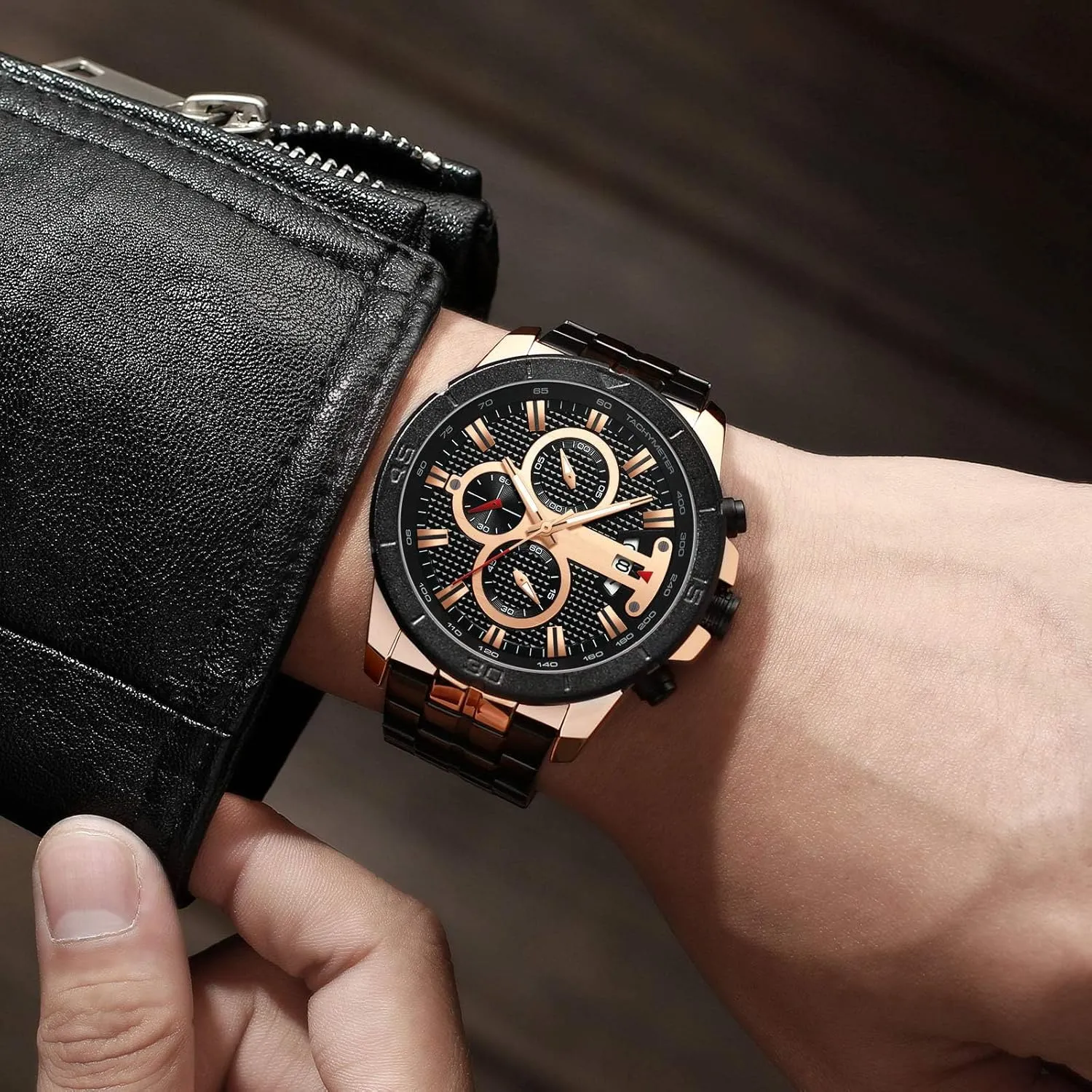Business Chronograph Dress Waterproof Stainless Steel Analog Quartz Wrist Watch FANMIS Mens Luxury Gothic flora motif Watches 