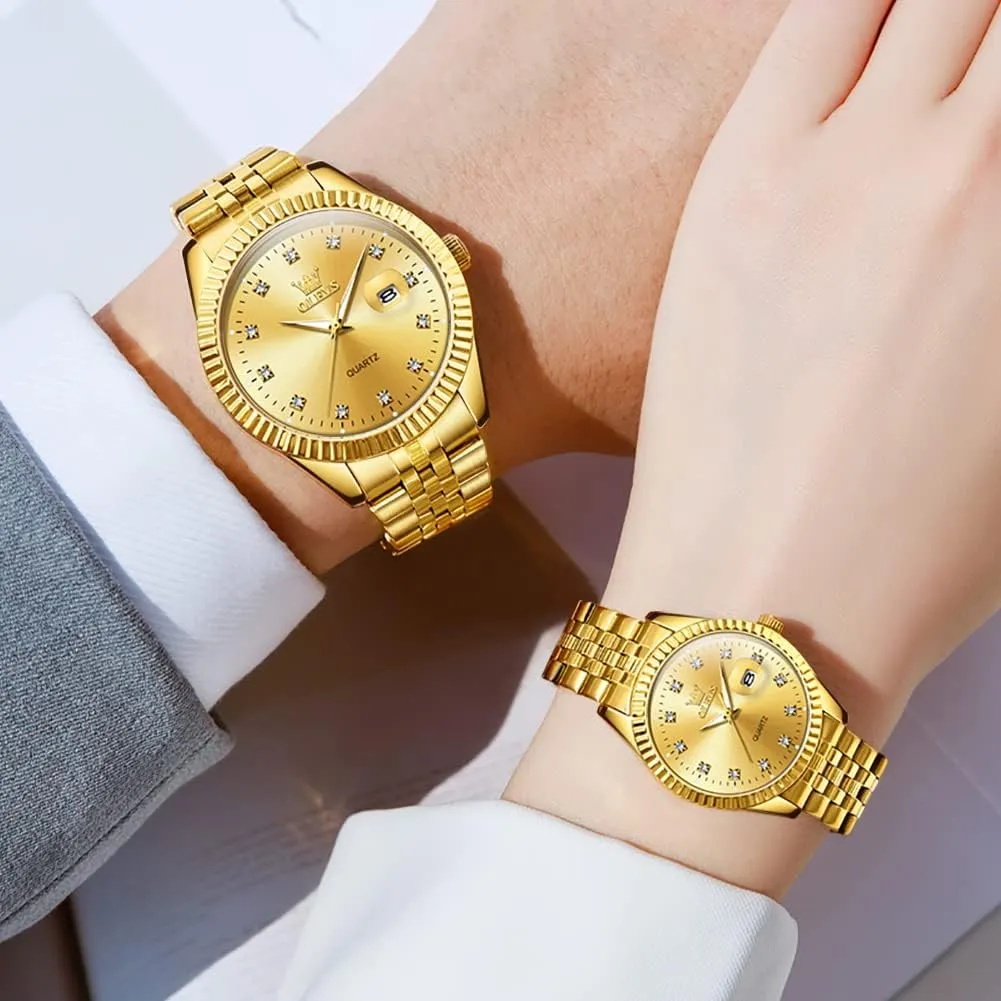 Business Dress Luxury His solar and Hers Wristwatch Waterproof Casual Stainless Steel Lovers Wedding Romantic Watches OLEVS Valentines Couple Pair Quartz Watches Luminous Calendar Date 