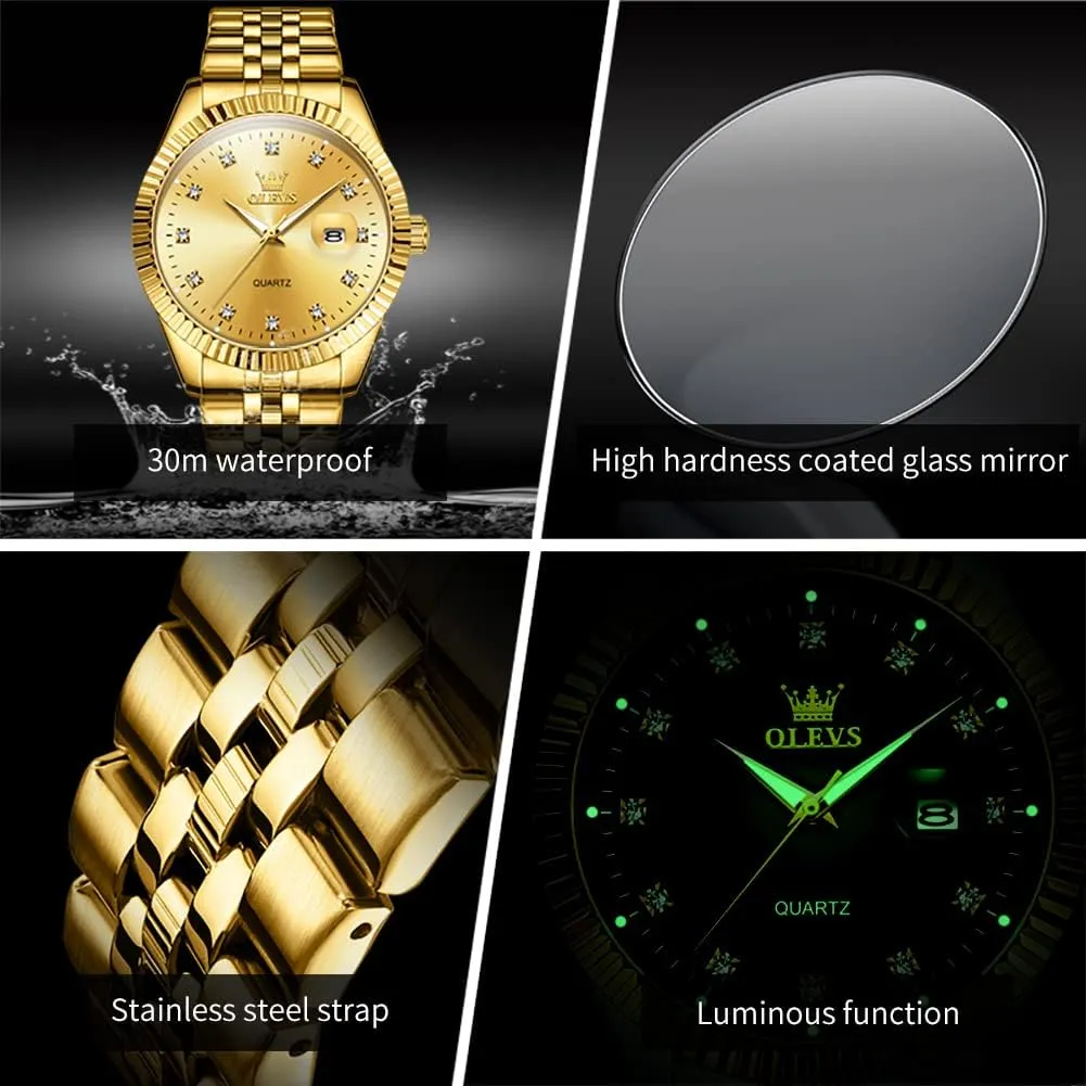 Business Dress Luxury His solar and Hers Wristwatch Waterproof Casual Stainless Steel Lovers Wedding Romantic Watches OLEVS Valentines Couple Pair Quartz Watches Luminous Calendar Date 